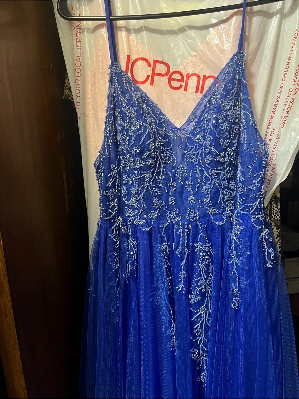 Beaded Spaghetti-Strap Royal Blue Prom Gown